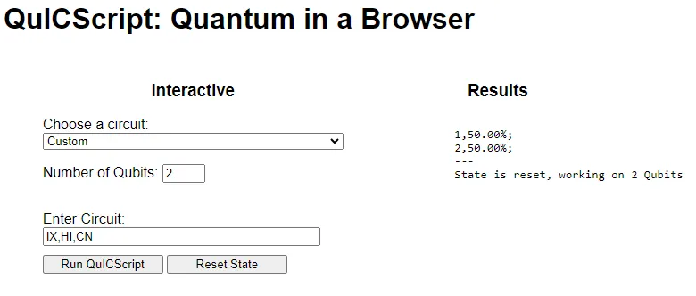 Diagram 1. QuICScript execution results for a Bell state with negatively correlated output states upon measurement.