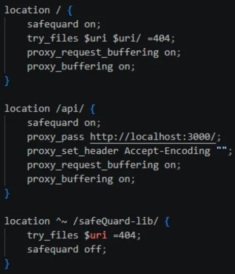 Examples of the “safequard on” and “safequard off” directives being used in location blocks. In this case, encryption is turned off only for the initial fetch of the SafeQuard library files.&nbsp;