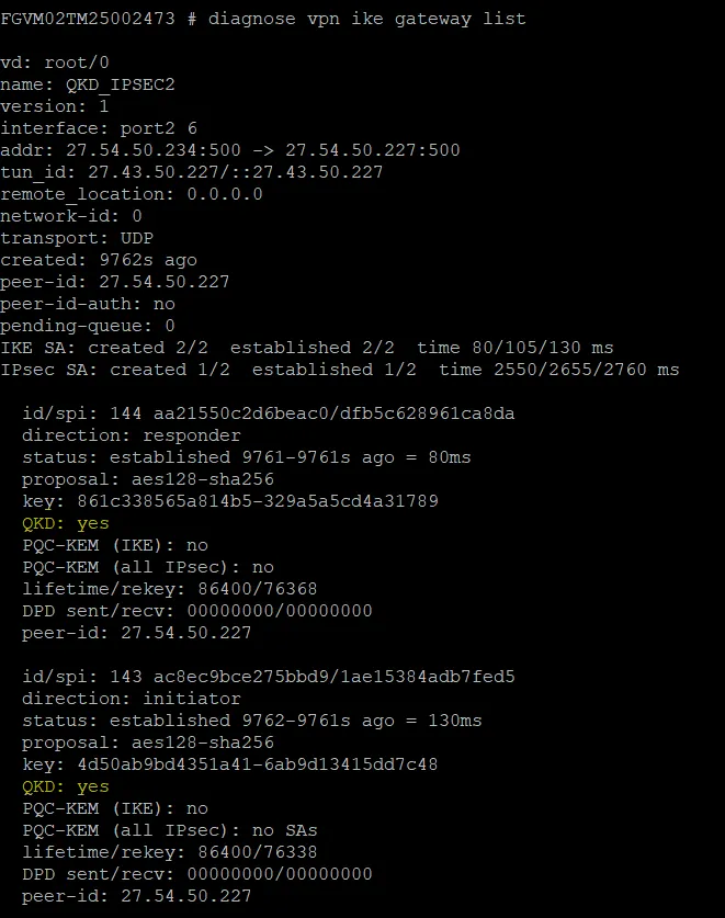 Figure 5. Fortigate VPN connectivity with QKDLite for quantum-safe IPSEC