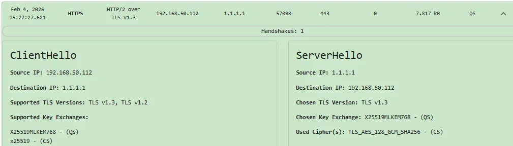 Figure 2. packetQC screenshot showing TLS handshake with one.one.one.one