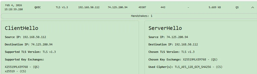 Figure 1. packetQC screenshot showing TLS handshake with google.com.sg