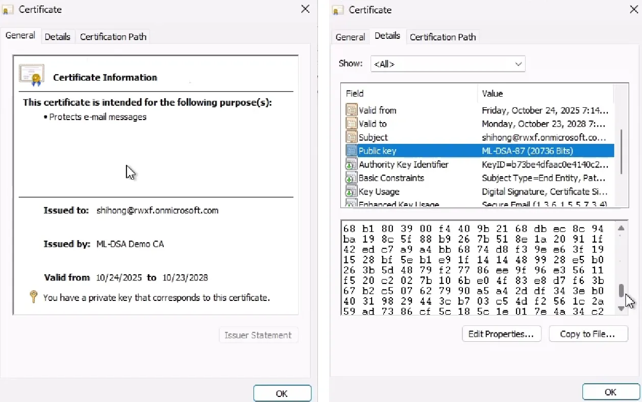 ML-DSA-87 certificate imported into pQCee Cryptographic Provider